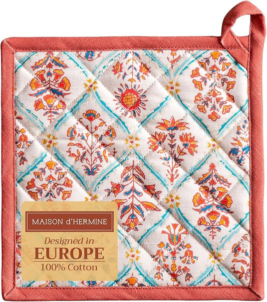 Maison d' Hermine Pot Holders 100% Cotton Heat Resistant Potholders 8" x 8" Hot Pads with Loop BBQ, Cooking, Baking, Grilling, Kitchen, Handling Hot Pans (Pack of 1, Romane)