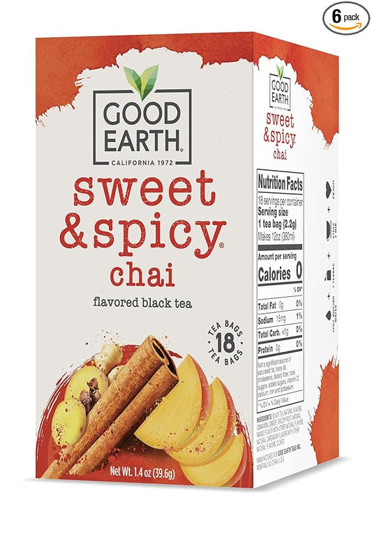 Good Earth Tea Sweet & Spicy Chai Black Tea, 18 Teabags (Pack of 6)