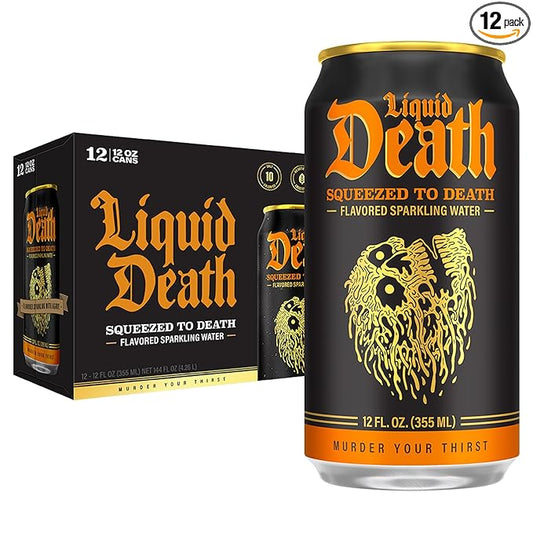 Liquid Death, Squeezed to Death, Orange-Flavored Sparkling Water, 12-Pack (12oz Cans), Low Sugar, Huge Flavor & No Artificial Sweeteners