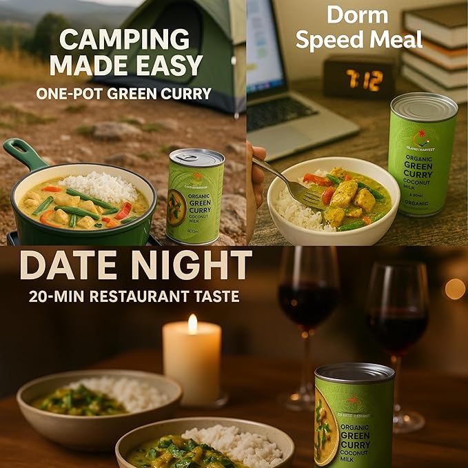 Islands Harvest Organic Green Curry Coconut Milk Pack of 3 - Vegan, Kosher, Halal, Non-GMO, USDA Organic GREEN CURRY - Pure No Added Artificial Flavors, Colors & Preservatives for Curries, Such As Green Beans, Broccoli, Carrot