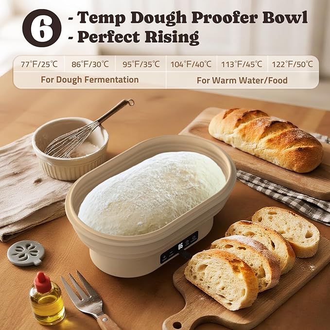 Heating Complete Sourdough Starter Kit, 2L Electric Thermostatic Silicone Oval Foldable Banneton Bread Proofing Basket with 6 Timer & Temp Settings for Dough Rising, Dishwasher Safe, Bread Making Kit