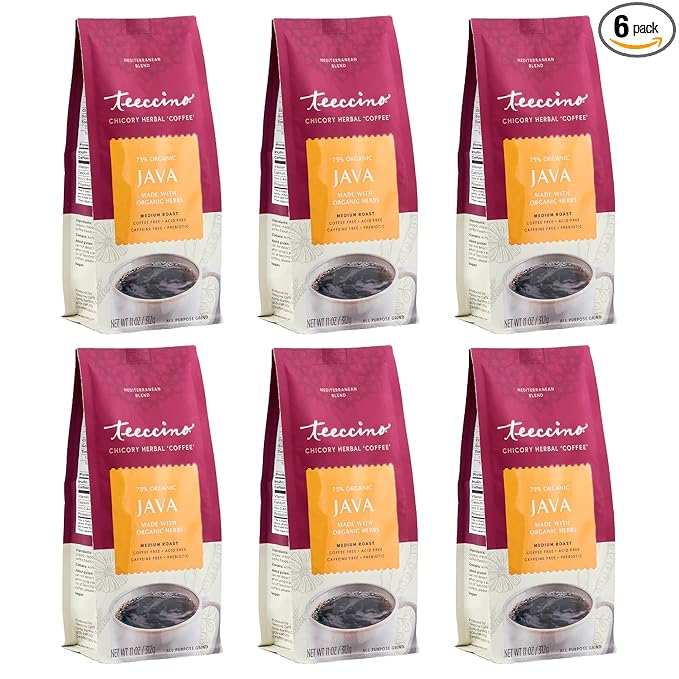 Teeccino Java Chicory Coffee Alternative - Ground Herbal Coffee That’s Prebiotic, Caffeine Free & Acid Free, Medium Roast, 11 Ounce (Pack of 6)