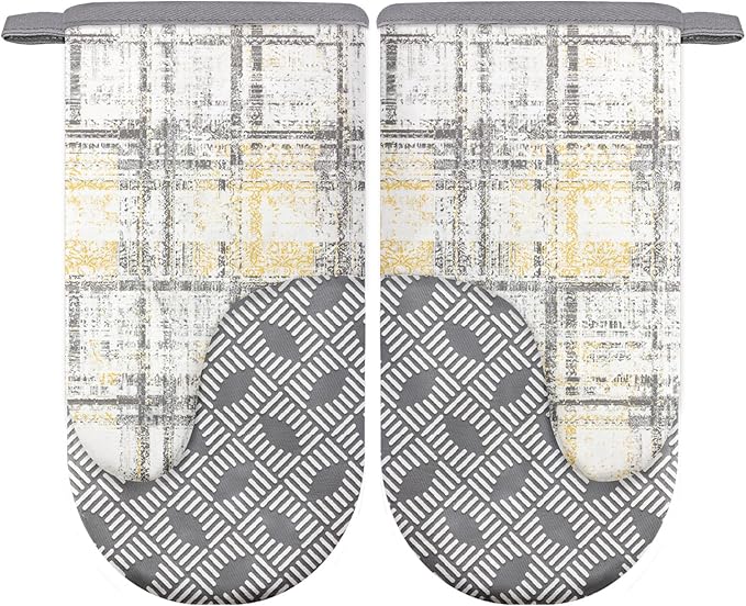 Thumb Oven Mitts, Heat and Slip Resistant Silicone Kitchen Mittens 2-Pack Set, Vintage Plaid Soft Long Oven Gloves, Flexible Thick Potholders for Safe Baking Cooking and Grilling (Vintage Grey)