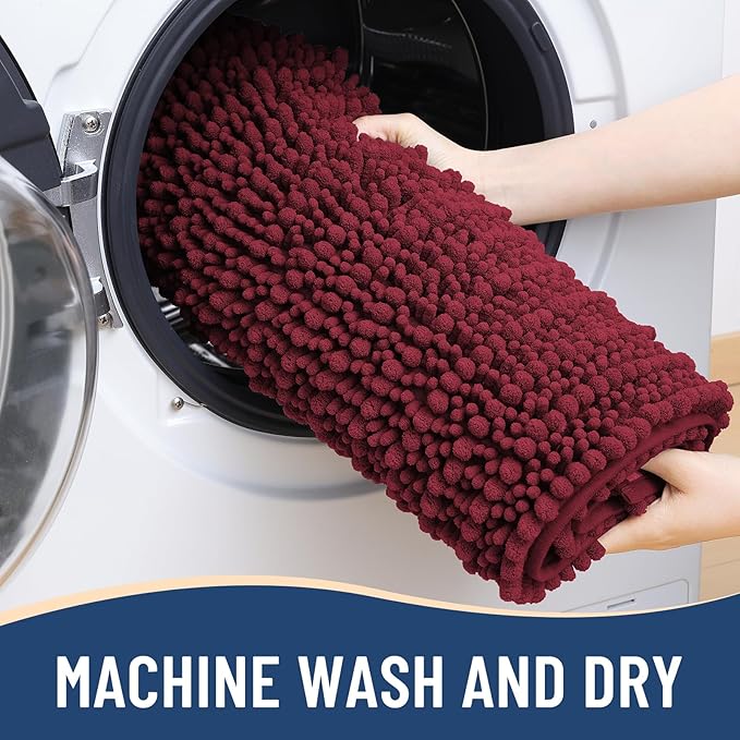 Arotive Luxury Chenille Bathroom Rug Mat, Extra Soft Thick Absorbent Shaggy Bath Rugs, Non-Slip Machine Wash Dry, Plush Bath Mats for Bathroom, Shower and Tub, 47x17, Burgundy