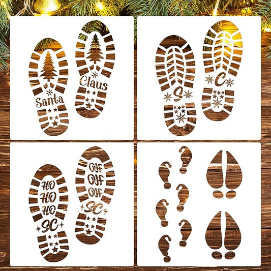 Christmas Stencils 12” Christmas Santa Footprint Stencils Reusable Reindeer Elf Santa Shoe Stencil Holiday Drawing Templates for Floor Porch Wood Sign Decor
