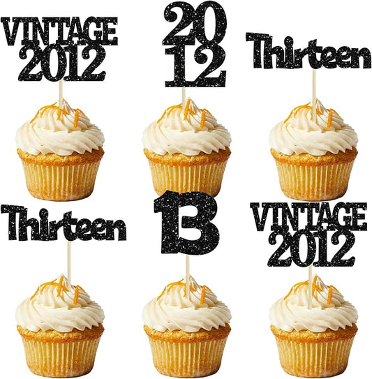 Gyufise 24Pcs 13th Birthday Cupcake Toppers Glitter Thirteen Vintage 2012 Official Teenager 13 Cupcake Picks 13 Years Birthday Cake Decorations for Happy 13th Anniversary Party Supplies Black