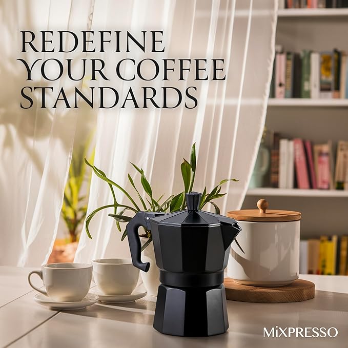 Mixpresso Black 3 Cup Moka Pot Cuban Coffee Maker, Moka Pot for Gas, Electric Stove Top, Classic Italian Coffee Maker, Stovetop Espresso Maker, Camping Pot Makes 3 Espresso Cup 5 Oz