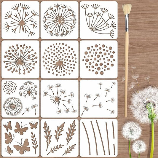 12PCS Large Flower Stencils for Painting 12 x 12 Inch Dandelion Stencil with Brushes Dandelion Floral Stencils for Wood Fence Butterfly Paint Template for Walls Garden Fence Furniture