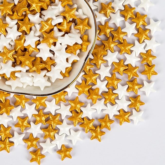 Twisweet Edible Star Sprinkles, Gold and White Stars for Cake Decorating, Golden Sugar Sprinkles for Baking, Mix Gold Candy Star, Cake Topper Ice Cream Cupcake Cookie Toppings Dessert Decorations, Christmas Wedding Birthday Party Festival Supplies (130...