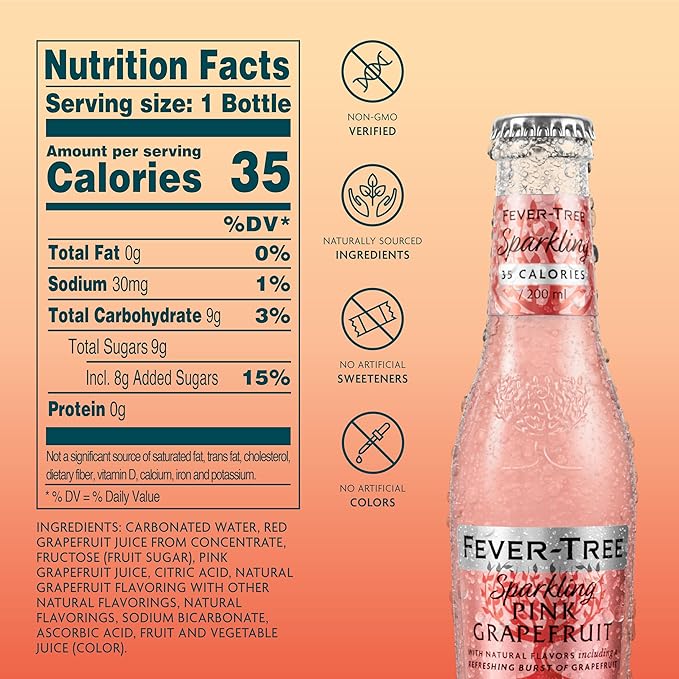 Fever Tree Sparkling Pink Grapefruit - Premium Mixer - Refreshing Beverage for Cocktails & Mocktails. Naturally Sourced Ingredients, No Artificial Sweeteners or Colors - 200 ML Bottles - Pack of 24