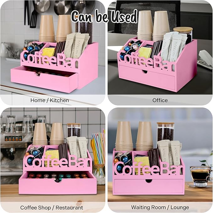 Coffee Bar Organizer for Countertop – Wooden Coffee Station with Black Drawer, Tea and K Cup Storage Rack, Coffee Pod Holder for Home and Office Counter Organization (Drawer - Pink)