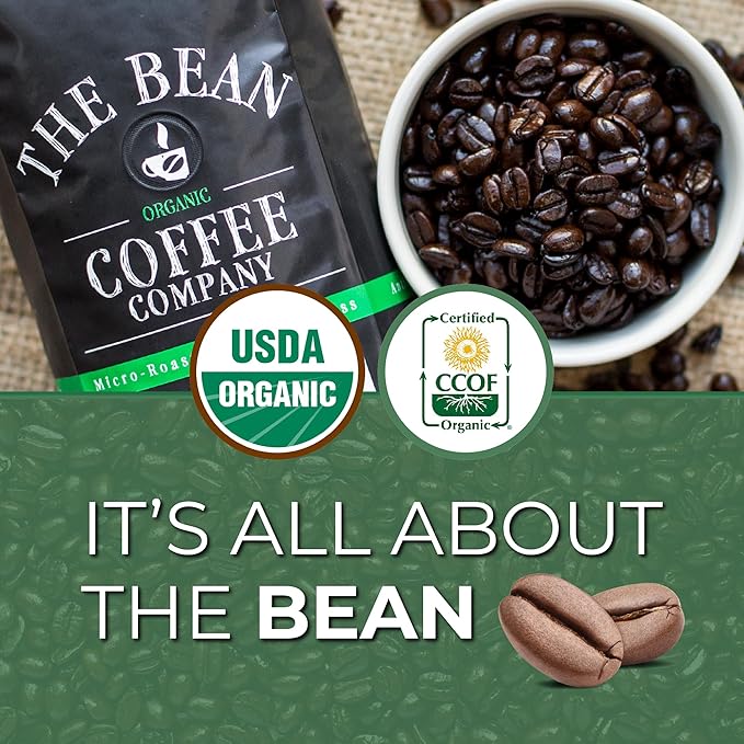 The Bean Organic Coffee Company Water Processed DECAF IL Chicco (Traditional Italian Roast), Dark Roast, Ground Coffee, 16-Ounce Bags (Pack of 2), Café Molido Tostado Orgánico descafeinado