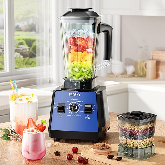 Blenders for Kitchen, Commercial Blender,2400W PRASY Food Processor with 101oz Juice & Grinder Jar, BPA-Free, 25000 RPM Blenders for Smoothies, Ice Crushing, Frozen Fruit (Blue, 2L)