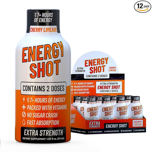 Cherry Limeade Extra Strength Energy Shot 12 pk – 260mg Natural Caffeine B12 B6 – Energy & Focus Support – 2 Servings Sugar Free Zero Calorie Green Tea B-Vitamins Electrolytes Vegan – 1.93 fl oz