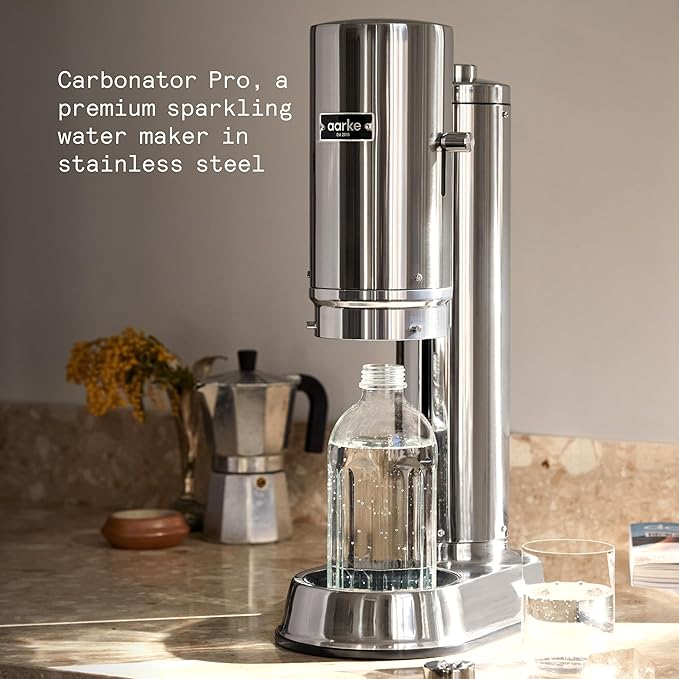 Aarke Carbonator Pro, Sparkling & Carbonation Water Machine, Stainless Steel with Glass Reusable Bottle Volume 800 mL/27 fl oz (Stainless Steel)
