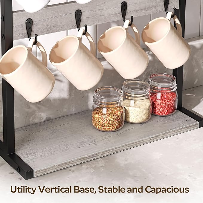 Coffee Mug Holder for Counter, 2 Tier Mug Tree Rack, with 8 Hook and 2 Open Shelves, Vintage Mug Holder Stand for Home Kitchen, Greige MH43BG