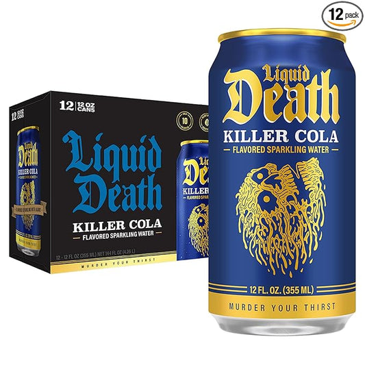 Liquid Death, Killer Cola, Soda-Flavored Sparkling Water, 12-Pack (12oz Cans), Low Sugar, Huge Flavor & No Artificial Sweeteners