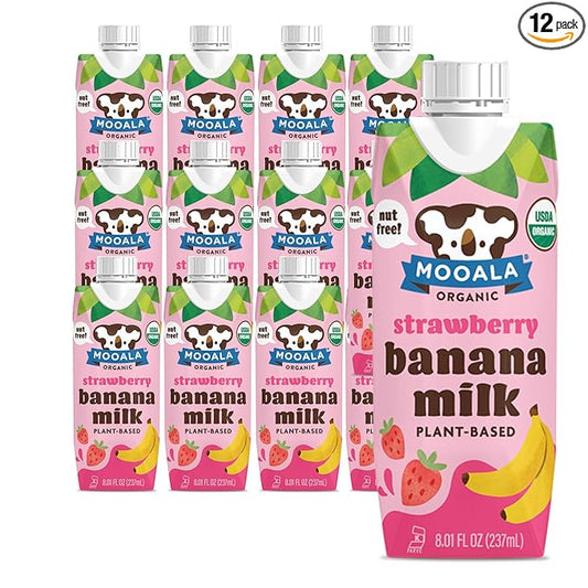 Mooala - Organic Strawberry Bananamilk, Lunchbox Friendly, Shelf-Stable, Non-Dairy, Nut-Free, Plant-Based Beverage, On the Go 12 Pack