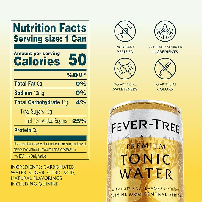 Fever-Tree Tonic Water - Premium Mixer - Refreshing Beverage for Cocktails & Mocktails. Naturally Sourced Ingredients, No Artificial Sweeteners or Colors - 5.1 Fl Oz Cans - Pack of 8