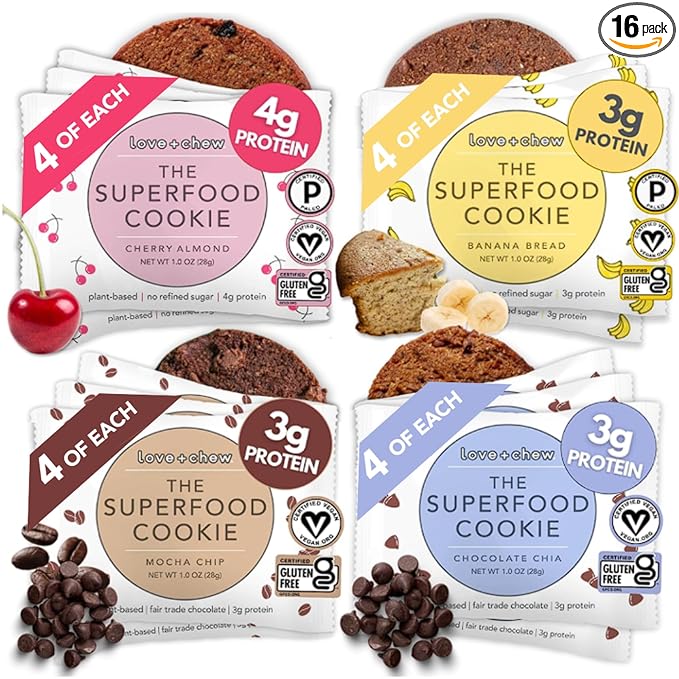 Love + Chew, Variety Pack of Minis - 16 Count - Tasty Gluten Free Cookies - Vegan - Healthy, Paleo, Non GMO Snacks - Individually Wrapped, Soft Baked Cookies - Made from High Protein Almonds - 1 Ounce Each