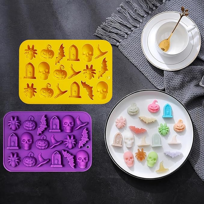 Halloween Chocolate Mold Silicone,18 Cavity Candy Gummy Mold with Pumpkin Wizard Hat Bat Spider Tombstone for Baking Chocolate Jelly Gummy Dessert (2pcs)