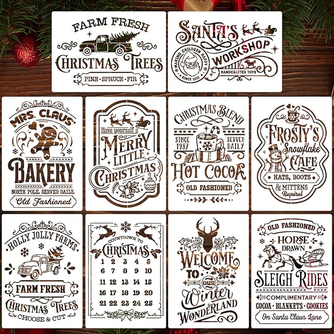 Christmas Stencils for Painting A4 Christmas Stencils for Crafts Reusable Holiday Drawing Templates for Wood Fabrics Door Mat Porch Hanger Winter Decor(XMS Stencil A402/10P)
