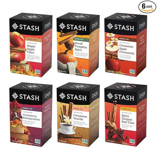 Stash Tea Fall for Autumn 6 Flavor Tea Sampler, 6 Boxes With 20 Tea Bags Each (120 Tea Bags Total)