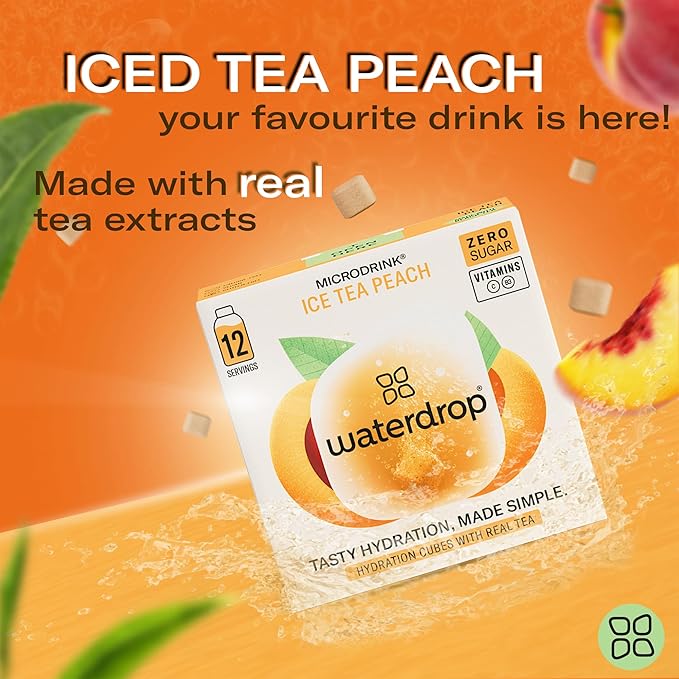 Waterdrop Hydration Cubes with Vitamin C, B Vitamins, and Electrolytes, Iced Tea Peach Flavor, Flavored Water Enhancer Cubes for Still & Sparkling Water, Low Calorie, Sugar Free, Gluten Free, 24 Count