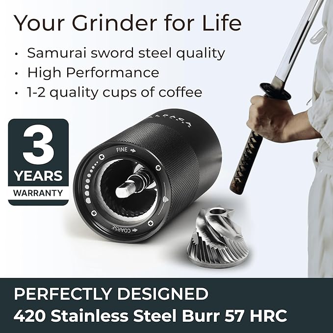Manual Coffee Grinder by Alpaca Ventures - Stainless Steel Conical Burr Coffee Grinder Manual with Adjustable Setting Double Bearing Hand Espresso Grinder Perfect for Home, Office and Camping