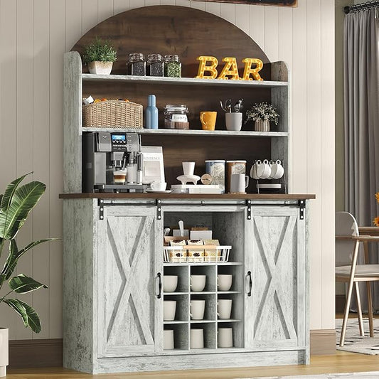4 EVER WINNER Coffee Bar with 3-Tier Storage, 67" Coffee Bar Cabinet with Sliding Barn Doors & Wine Rack, Kitchen Hutch Cabinet for Living Room, Dining Room, Grey