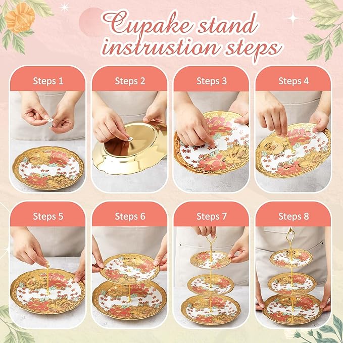 Maxcheck 21 Pcs Tea Party Set for Adults European Floral Tea Set with Metal Holder and 3 Tier Ceramic Cake Stand Porcelain Flower Cup Teapot for Dessert Cupcake(Fresh Style)