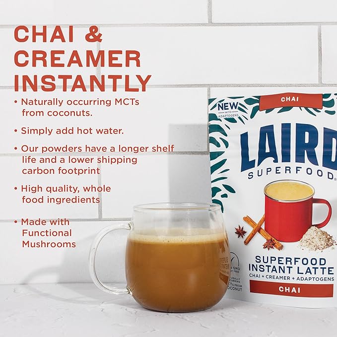 Laird Superfood Chai Instant Latte with Adaptogens - Instant Chai Tea Powder with Superfood Coconut Creamer - Gluten Free, Non-GMO, Vegan, 8 oz. Bag, Pack of 2