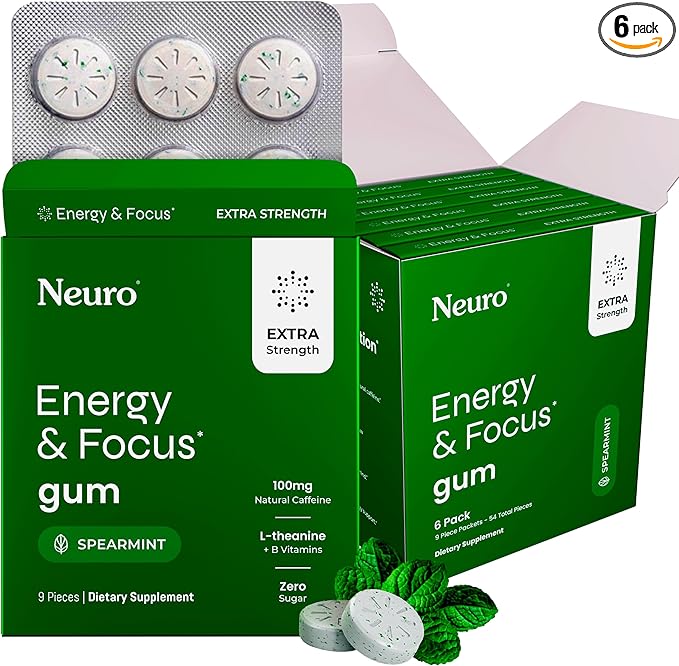 Neuro Energy & Focus Gum, Extra Strength - 100mg Natural Caffeine Gum & Nootropic Energy Supplement with L-Theanine & B Vitamins - Sugar Free, Vegan - Spearmint, 54ct
