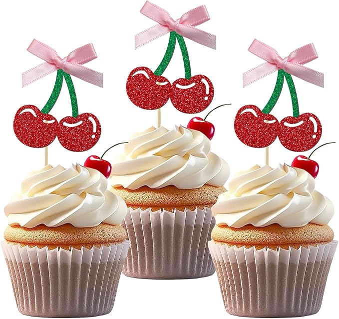24 Pack Cherry Cupcake Toppers, Glitter Sweet Cherry Cupcake Pick for Fruits Theme Baby Shower and Birthday Decorations Supplies