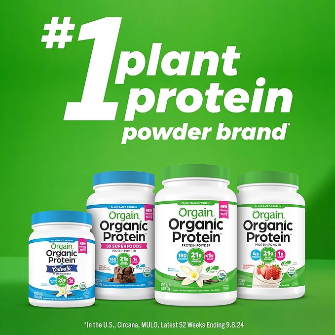 Orgain Organic Vegan Protein Powder + Oat Milk, Vanilla Bean - 20g Plant Based Protein, Gluten Free, No Dairy, Soy or Lactose Ingredients, Low Sugar, Non-GMO, Kosher, For Shakes & Smoothies - 1.05lb