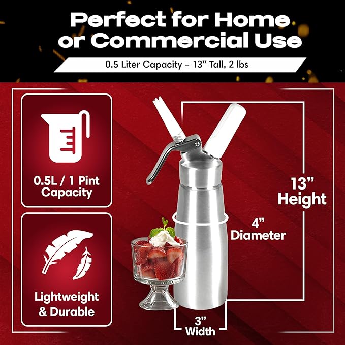 Chef Master (1 Pint / 0.5 Liter) Aluminum Whipped Cream Dispenser - Decorating Tips for Desserts, Coffee, Latte + Cleaning Brush - Whip Cream Dispenser Canister for Home, Bakery or Restaurant - 90076