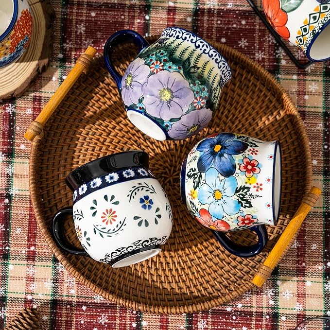 ALMA Handpainted Blue Coffee Mug,Potbelly Ceramic Coffee Mug, Premium Hand Warmer Tea Mug, Microwave & Dishwasher safe-12.85oz(380ml)
