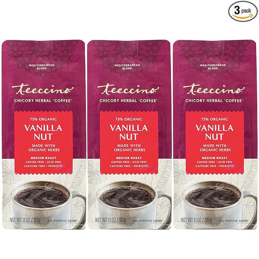Teeccino Vanilla Nut Chicory Coffee Alternative - 11 Ounce - Ground Herbal Coffee That’s Prebiotic, Caffeine Free & Acid Free, Medium Roast, (Pack of 3)