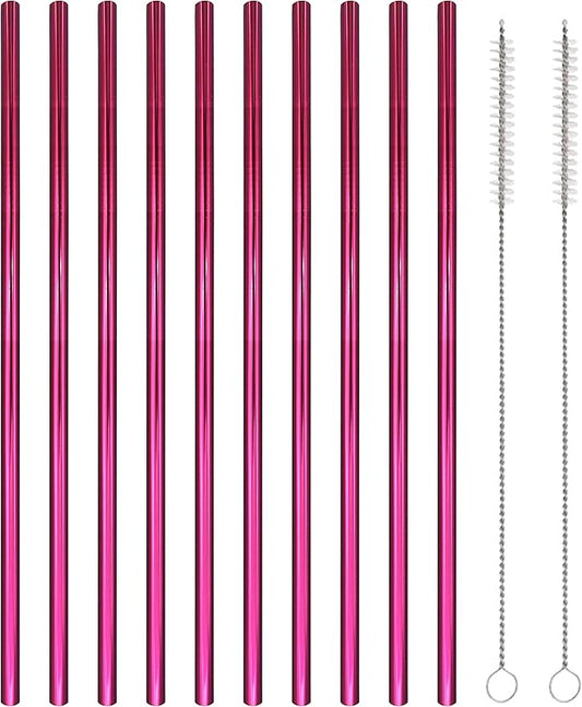 10 Pcs Stainless Steel Straws, Reusable Drinking Straws, Straight Metal Straw Sets with 2 Pcs Cleaning Brushes (8.5 Inch, Rose Red)