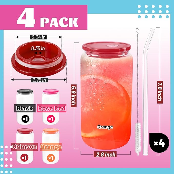 Joyclub 4pcs Glass Cups with Acrylic Lids and Straws 16 oz Can Shaped Glass Iced Coffee Cups with Lids and Straws, Cute Tumbler Cup Drinking Glasses for Smoothie Whiskey Boba Soda Tea Gift