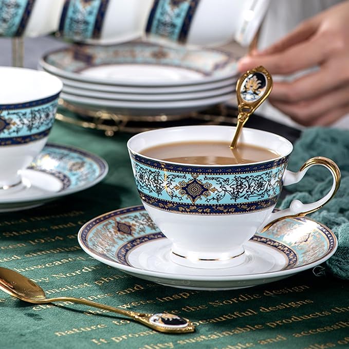 Euro Style Bone China Tea Set, 21 Piece Porcelain Tea Sets for 6 Adults, Bone China Tea Cup Set, Creamer Pitcher, Tea Set for Women Tea Party Set, Gift Package (21, Court)