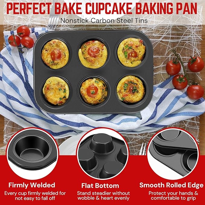 Flexzion Muffin Tray Cupcake Baking Pan 2 Pack, 6-Cup Nonstick Carbon Steel Muffin Tins Non-Stick Cupcake Tin Bakeware Accessories for Baking Cupcakes Muffin Brownies Snacks, Easy Clean, Fridge Safe