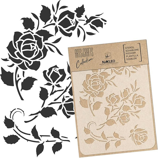 NAKLEO Painting Stencil for Crafts A4 8.3” x 11.8”, Rose Flower Ornament Pattern, Reusable Plastic DIY & Scrapbooking Drawing Template, Decoupage Art Home Decor, Wall Wood Fabric Furniture