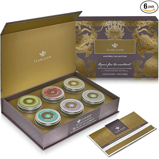 Teabloom Masters Collection - Six Rare Single-Origin Organic Loose Leaf Teas - Milky Oolong, White Silver Needle, Big Red Robe, Golden Monkey, Jade and White Tip Oolong