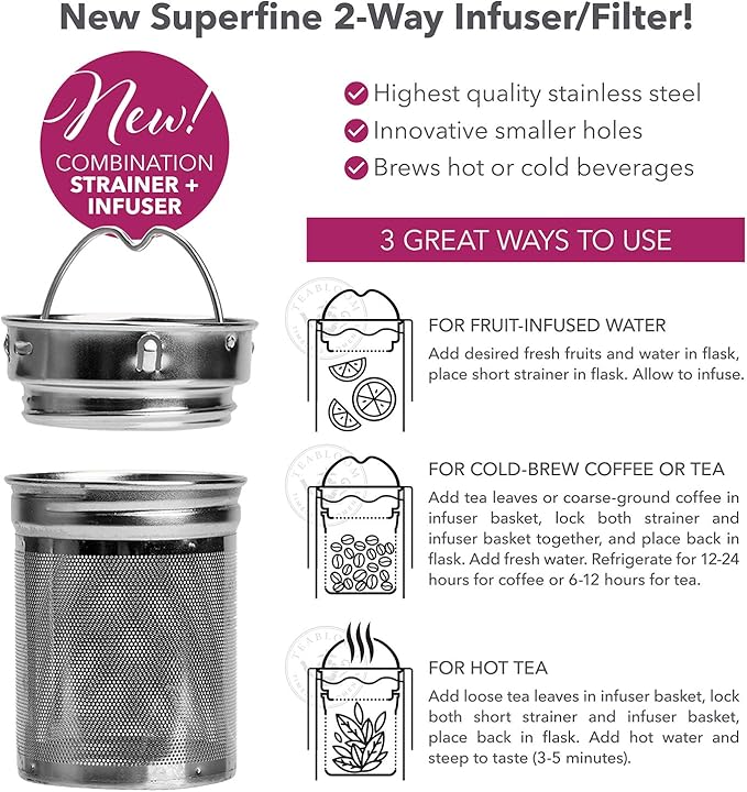 Teabloom All-Beverage Infusion Bottle – 14 oz / 400 ml – Double Wall Insulated Glass Travel Flask – Hot Tea & Cold Brew Coffee Thermos – Removable Sleeve