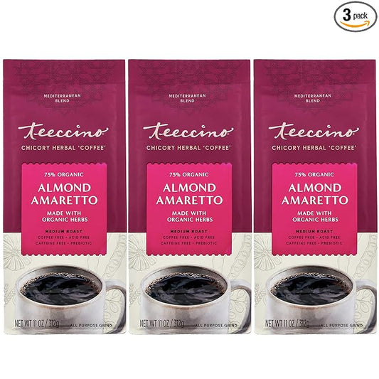 Teeccino Almond Amaretto Chicory Coffee Alternative - Ground Herbal Coffee That’s Prebiotic, Caffeine Free & Acid Free, Medium Roast, 11 Ounce (Pack of 3)