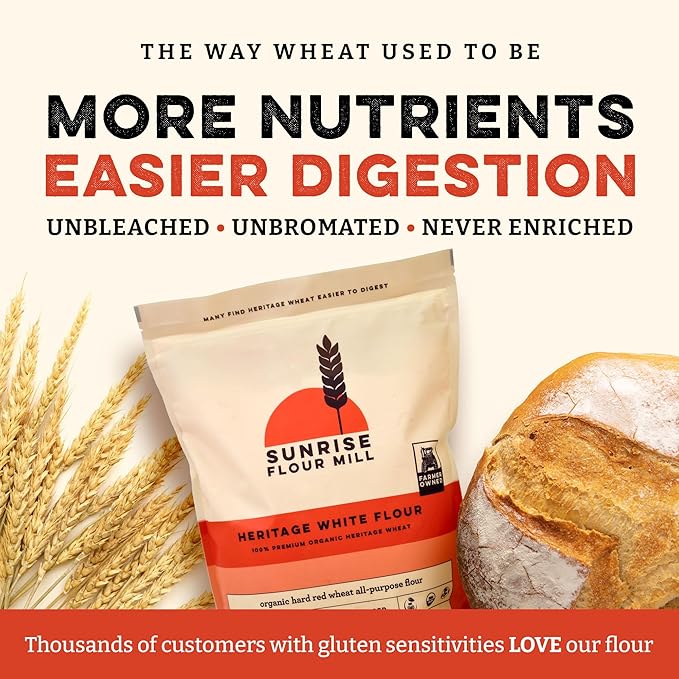 Sunrise Flour Mill Heritage Organic White Flour | USDA Organic All Purpose Flour Unbleached - Non-GMO, Kosher, Grown Without Glyphosate, High Protein for Baking, Unbromated White Wheat (80 Ounce (Pack of 1))
