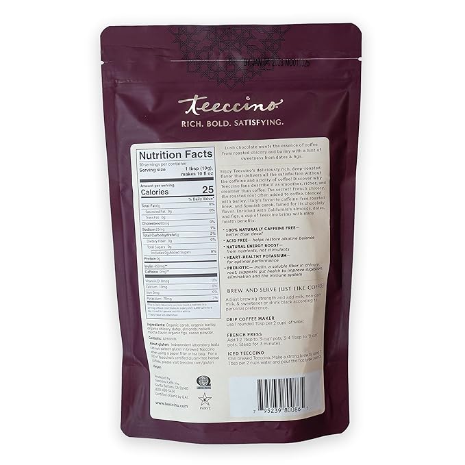 Teeccino Mocha Chicory Coffee Alternative, 1.1 Pound - Ground Herbal Coffee That’s Prebiotic, Caffeine-Free & Acid Free, Medium Roast