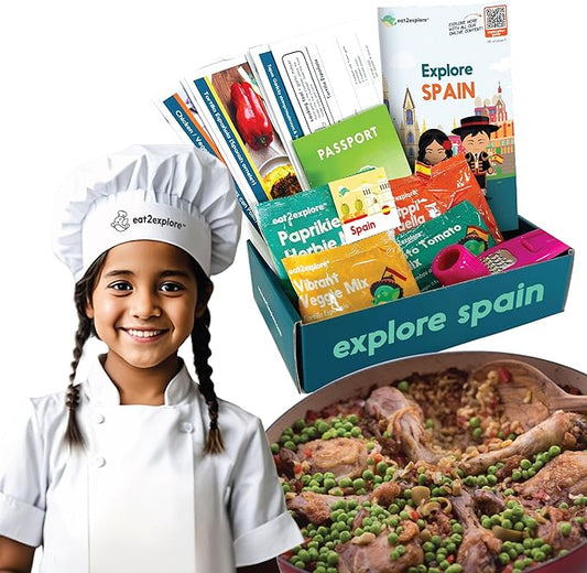 eat2explore Cooking Kits for Kids – Interactive & Educational Kids Cooking Sets Real for Ages 5 and Up,3 Recipe Cards & Global Ingredients – Fun Gift for Young Chefs (Spain Edition)