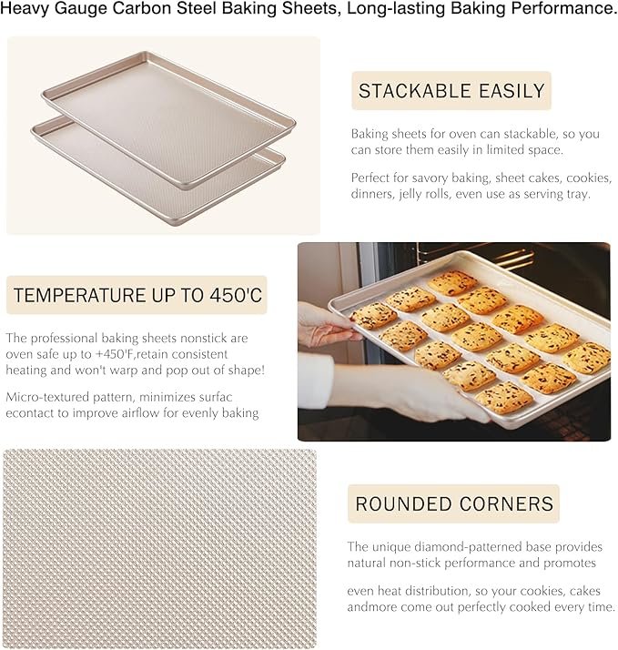 Baking Sheet Pan Set of 2, Cookie Sheets for Oven, Nonstick Half/Quarter/Jelly Roll Pans with Diamond Texture Pattern, 0.8mm Thick Heavy Duty Cookie Tray, Champagne Gold（17.5 * 11.8 * 1inch）